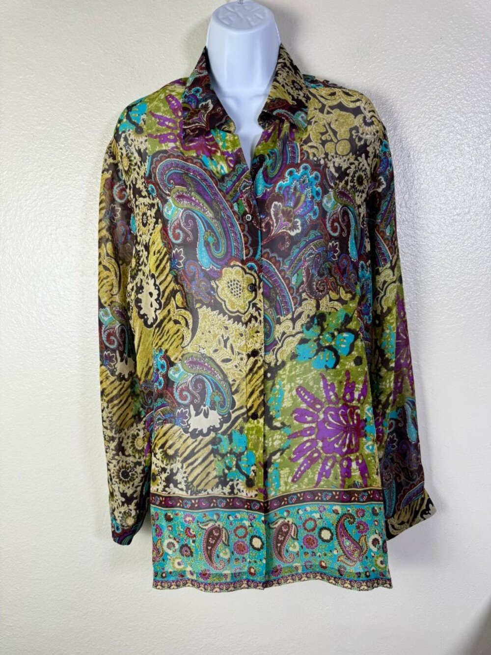 Go Silk Womens 100% Silk Paisley Button Up Shirt size Large Sheer Multicolor Lon